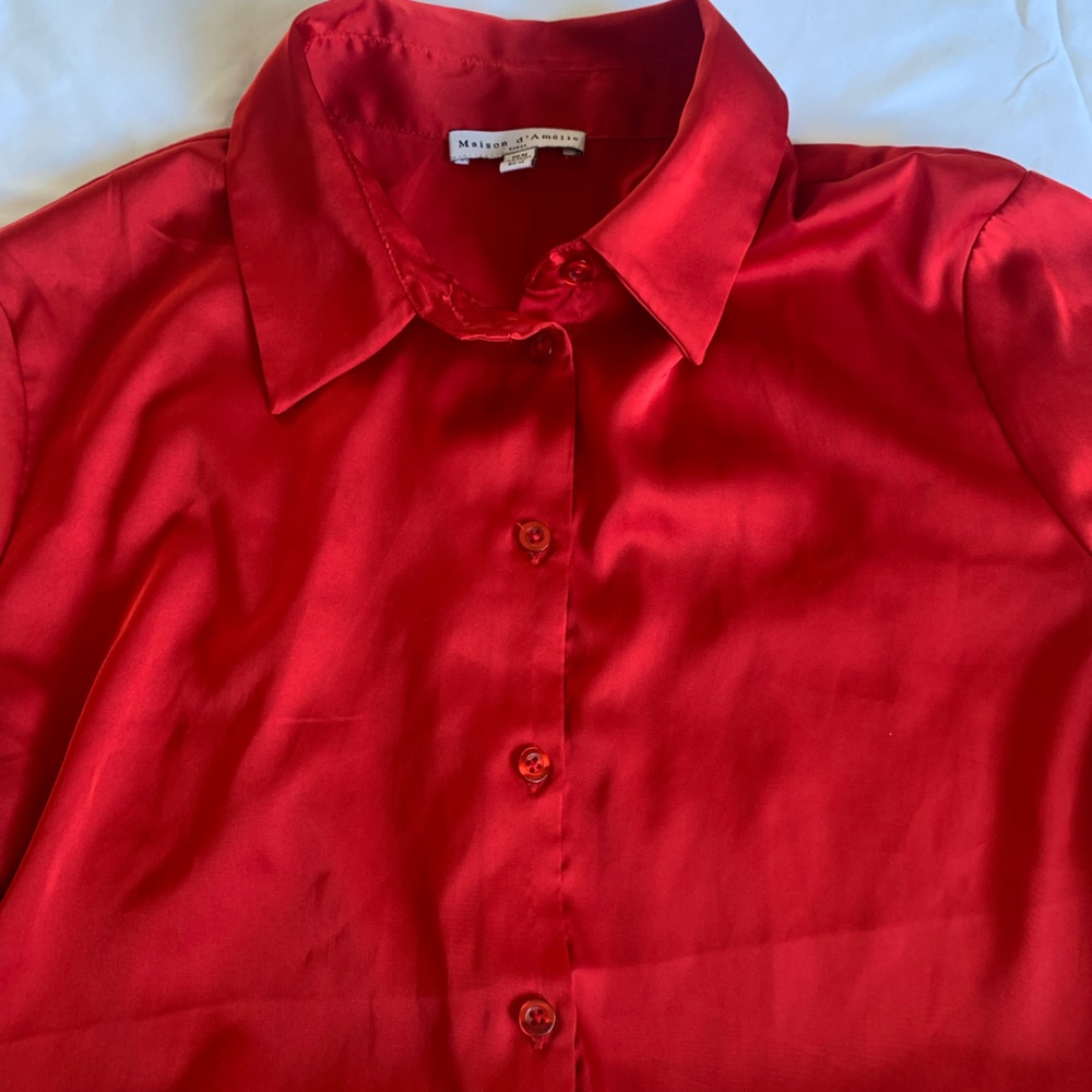 Red Silk Material Work Blouse Button-up